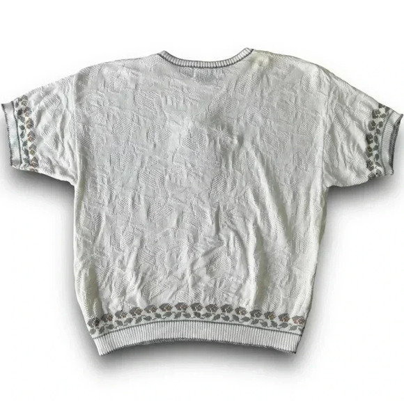 Vtg Cottagecore Short Sleeve‎ Sweater Embroidered Birdhouse Garden Floral USA L - Picture 3 of 11